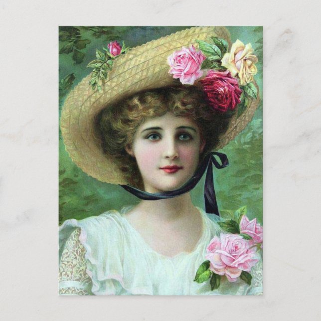 Alte Postkarte - Lady in einem Hut (Vorderseite)