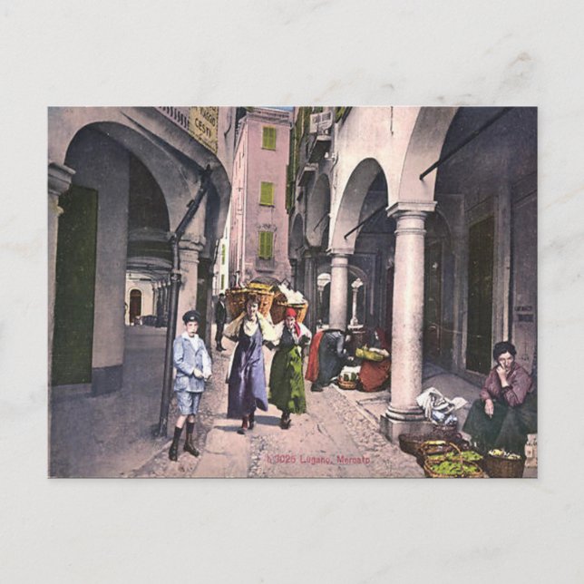 Alte Postkarte - Markt, Lugano, Schweiz (Vorderseite)