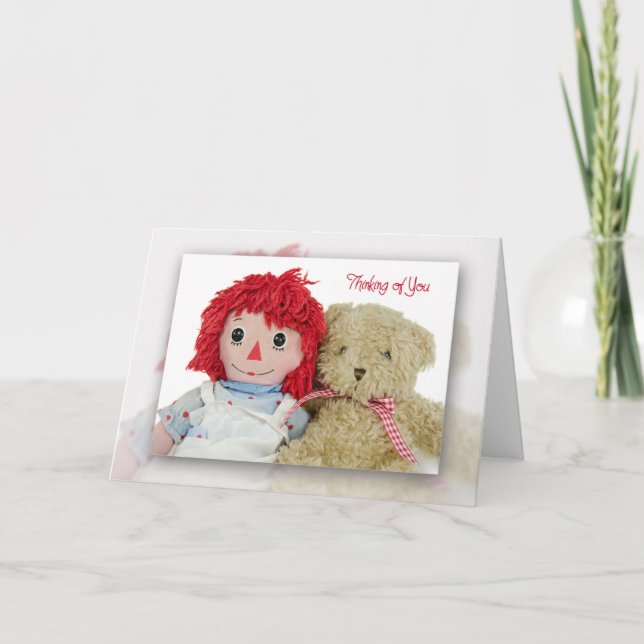 alte Puppe und Teddybär denken an dich Karte (Vorderseite)