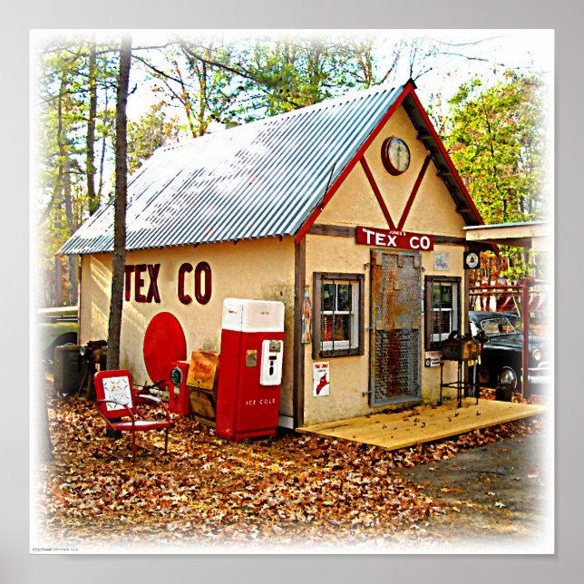Alte Retro-Gasstation und Soda-Maschine Poster (Vorne)