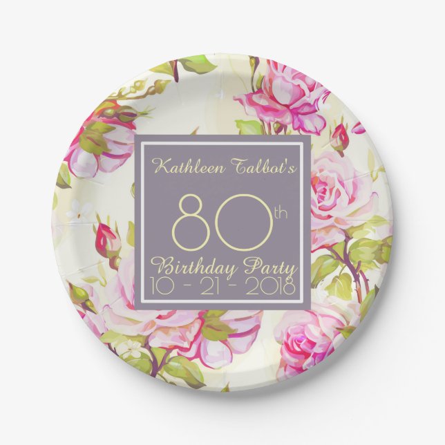 Alte Rose 80. Geburtstagsparty Papierplatte Pappteller (Vorderseite)