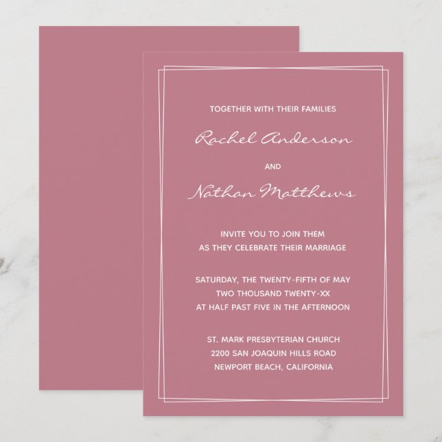 Alte Rose Rosa Minimalistische Hochzeitseinladunge (Vorne/Hinten)