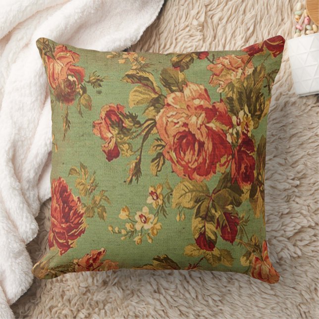 Alte Rosen auf grünem quadratischem Kissen (Decke)