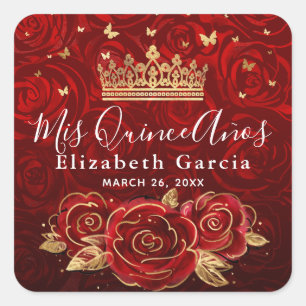 Alte rote Rose und elegante Goldschablone Quadratischer Aufkleber