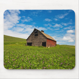 Alte, rote Scheune auf einem Feld mit Kichererbsen Mousepad