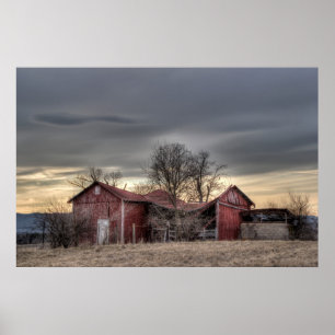 Alte rote Scheunen-Winter-Bäume HDR-Fotografie Poster