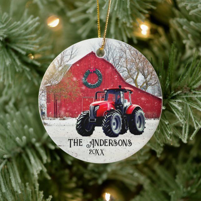 Alte Rote Traktor Weihnachts-Keramik Ornament (Baum)