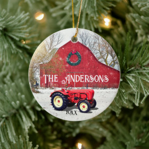 Alte rote Traktor-Weihnachts-Keramikdekoration Keramik Ornament