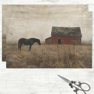 Alte Scheune und Schwarzes Pferd Malerei Decoupage Seidenpapier