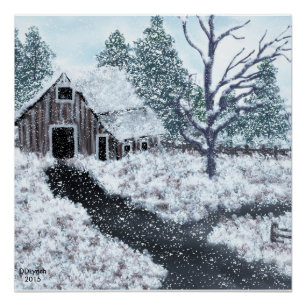 Alte Scheune Winterszene Schnee fallen Plakat Poster