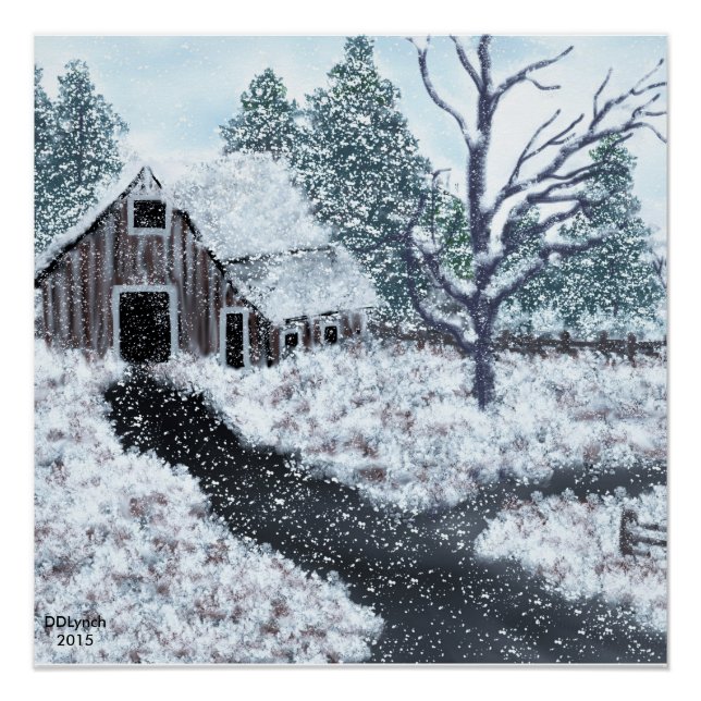 Alte Scheune Winterszene Schnee fallen Plakat Poster (Vorderseite)