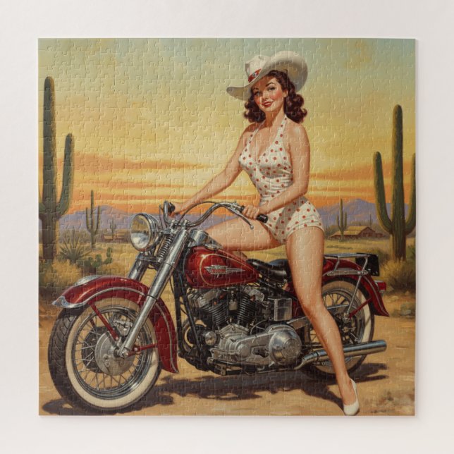 Alte Schule Retro Button-up Mädchen auf Motorrad (Vertikal)