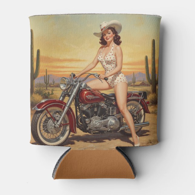 Alte Schule Retro Button-up Mädchen auf Motorrad Dosenkühler (Vorderseite)
