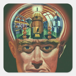 Alte Science-Fiction, Alien Gehirn im Labor Quadratischer Aufkleber