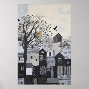 Alte Stadt am Hang Surrealistischer Kunstdruck mit Poster