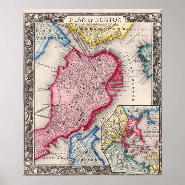 Alte Stadtkarte von Boston 1860 Poster (Vorne)