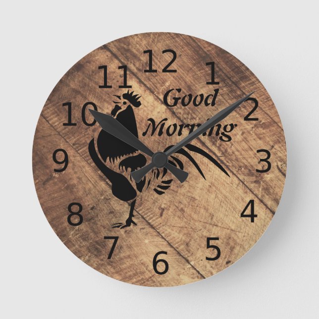 Alte Timer Black Rooster-Silhouette Runde Wanduhr (Vorderseite)