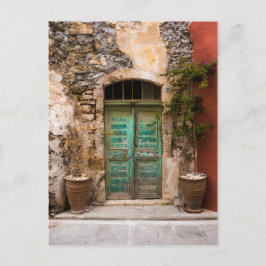 Alte türkisfarbene Tür auf Kreta, Griechenland Postkarte