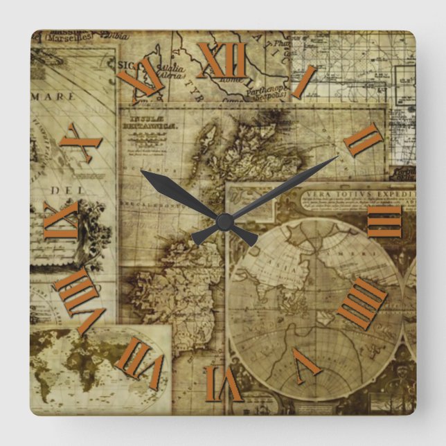 Alte und Vintage Landkarten Quadratische Wanduhr (Vorderseite)