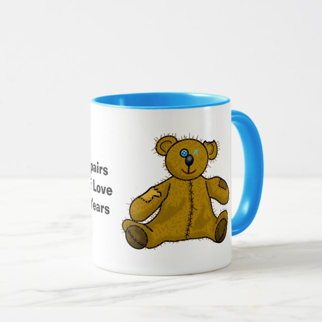 Alte, verübte, gepatchte Teddybären-Tasse Tasse (VorderseiteRechts)