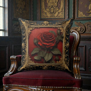 Alte viktorianische Schwärze mit roter Rose Kissen