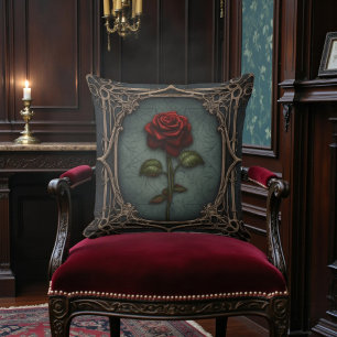 Alte viktorianische Schwärze mit roter Rose Kissen