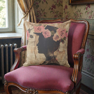 Alte viktorianische Silhouette mit rosa Rosen Kissen