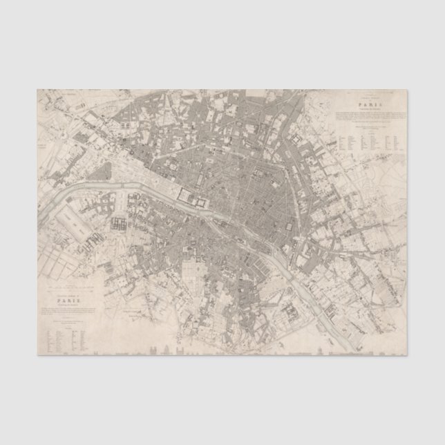 Alte Vintage Antikkarte Paris Große Stadt Seidenpapier (Vorderseite)