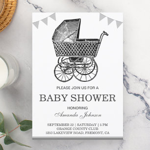 Alte Vintage Kinderwagen Schwarze und Weiße Babypa Einladung