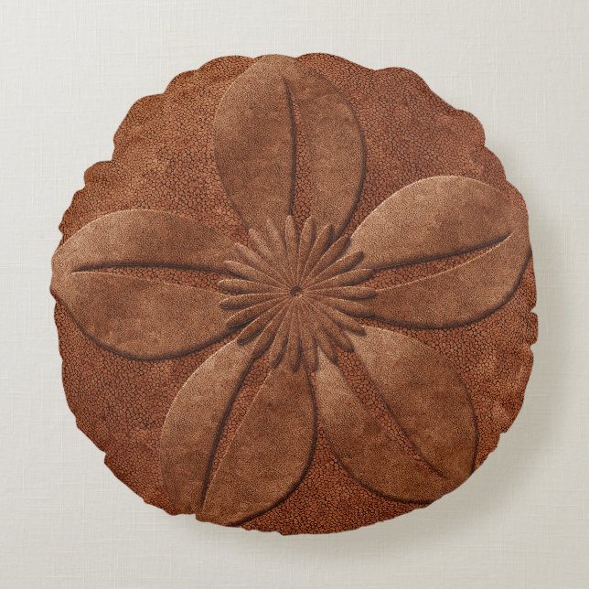Alte Vintage Kupferlichtart Texturierte Blume Rundes Kissen (Vorderseite)