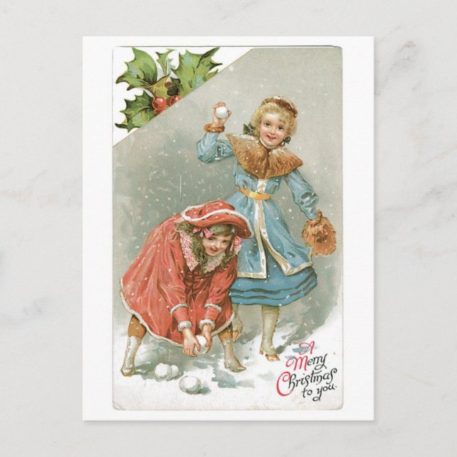 Alte Weihnachten, Schneeballkampf Feiertagspostkarte (Vorderseite)
