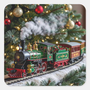 Alte Weihnachtsbahn unter dem Baum Quadratischer Aufkleber