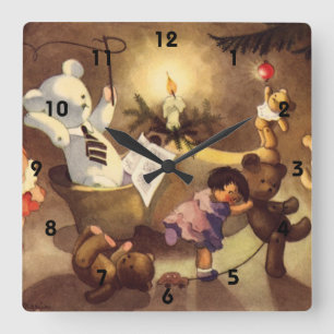 Alte Weihnachtsfiguren, tanzende Puppen, Teddybäre Quadratische Wanduhr