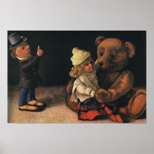 Alte Weihnachtsspielzeuge, Puppe und ein Teddybär Poster