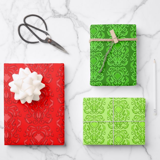 Alte Welt Damask Tonal Rot und Grün Muster Geschenkpapier Set (Vorderseite)