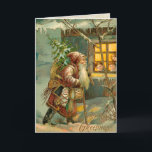 Alte Welt Vater Weihnachten im Schnee mit Geschenk<br><div class="desc">Charmante Viktorianische Weihnachtskarten-Illustration mit der alten Welt Weihnachten geht durch den Schnee und bringt Spielzeuge und einen Baum zu den Kindern in einer gemütlichen Hütte.</div>