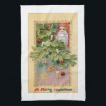 Alte Welt Vater Weihnachten und dekorierte Bäume Geschirrtuch<br><div class="desc">Alte Welt rot-roter und gepflasterter Vater Weihnachten mit Baum verziert mit Viktorianischen Ornamenten und Goodies in goldener Grenze und fröhlichen Weihnachtstext.</div>