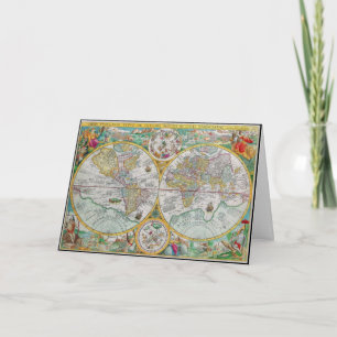 Alte Weltkarte mit farbenfrohen Kunstwerken Karte