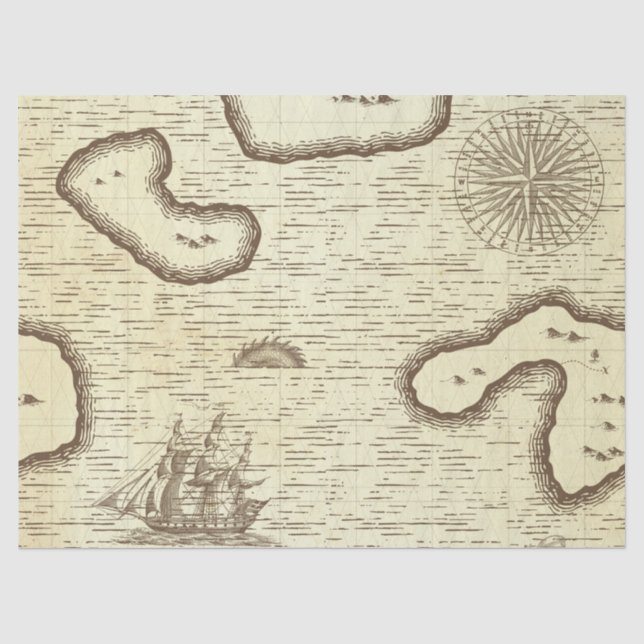 Alte Weltkarte mit Schiff auf Cream Decoupage Seidenpapier (Vorderseite)