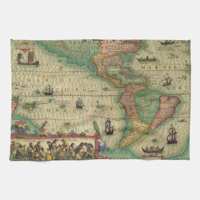 Alte Weltkarte von Hondius für Amerika Geschirrtuch (Horizontal)