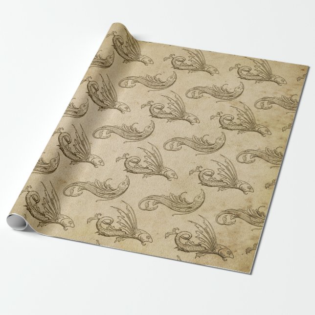 Alte Weltmeer-Kreaturen auf brauner Seite Geschenkpapier (Ungerollt)
