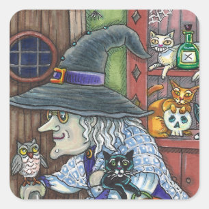 ALTE WITCH GLÜCKLICHE ZUHAUSE, VIELE KATZEN UND EI QUADRATISCHER AUFKLEBER