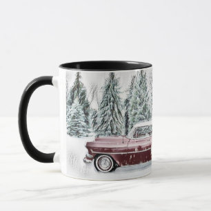 Alte Zeichnung eines roten Autos und Weihnachtsbäu Tasse