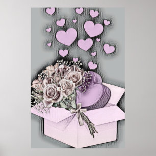 Alte Zeichnung von rosa Herzen und Rosen in einer  Poster
