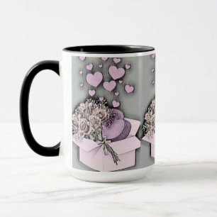 Alte Zeichnung von rosa Herzen und Rosen in einer  Tasse