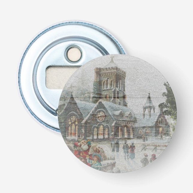 Alte Zeit Santa mit Kindern vor einer Kirche Flaschenöffner (Vorderseite)