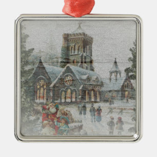 Alte Zeit Santa mit Kindern vor einer Kirche Ornament Aus Metall