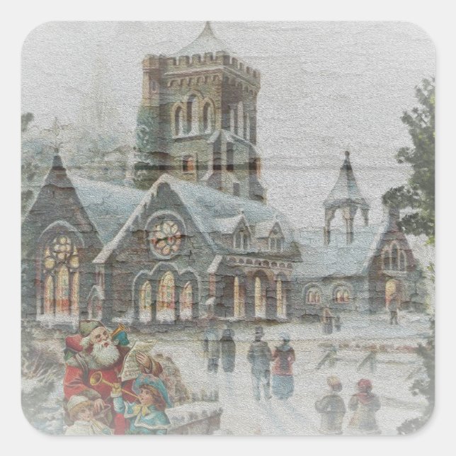 Alte Zeit Santa mit Kindern vor einer Kirche Quadratischer Aufkleber (Vorderseite)