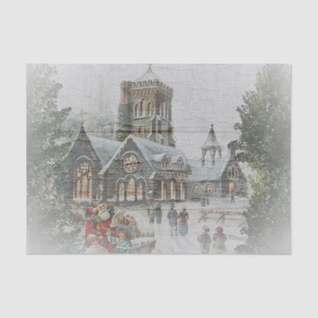 Alte Zeit Santa mit Kindern vor einer Kirche Seidenpapier (Vorderseite)