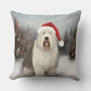 Altenglischer Schäferhund im Schnee Weihnachten Kissen
